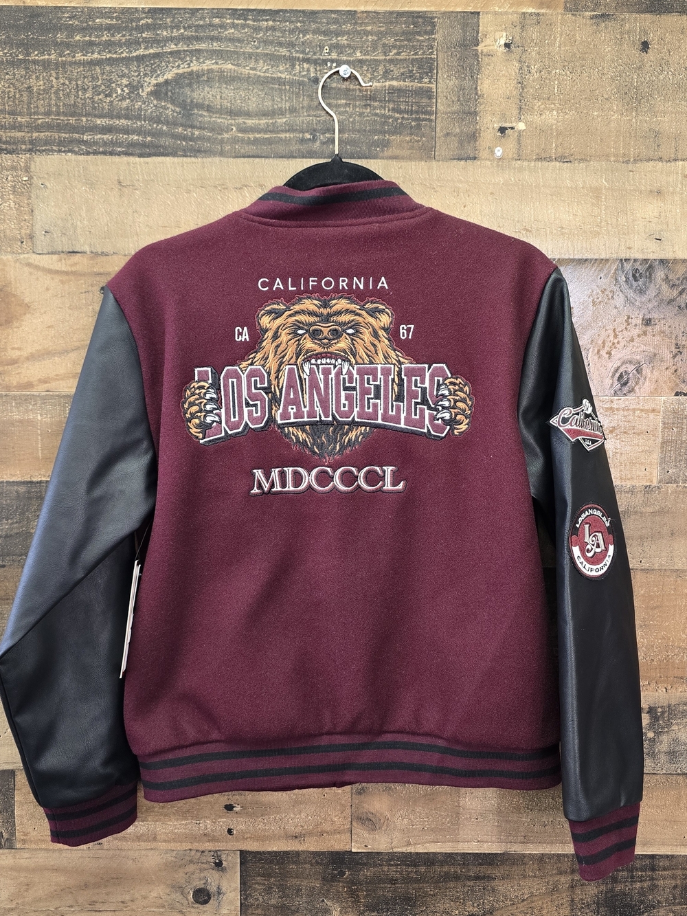 Boys Maroon Varsity Jacket with Black Sleeves Size L